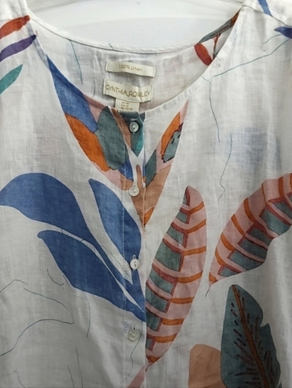 100% Linen Tunic White with Multicolor (Blues, greens, pinks) Leaf Print